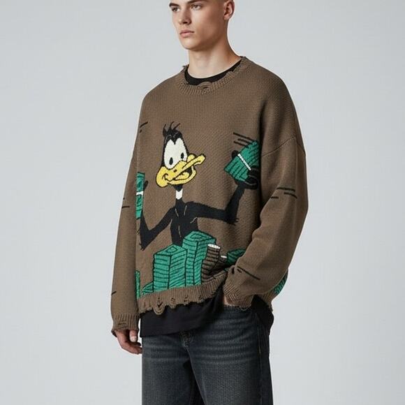 Empty Reference Other - Empty Reference Daffy Duck Cashmere Blend Distressed Sweater Men's Sz L Brown